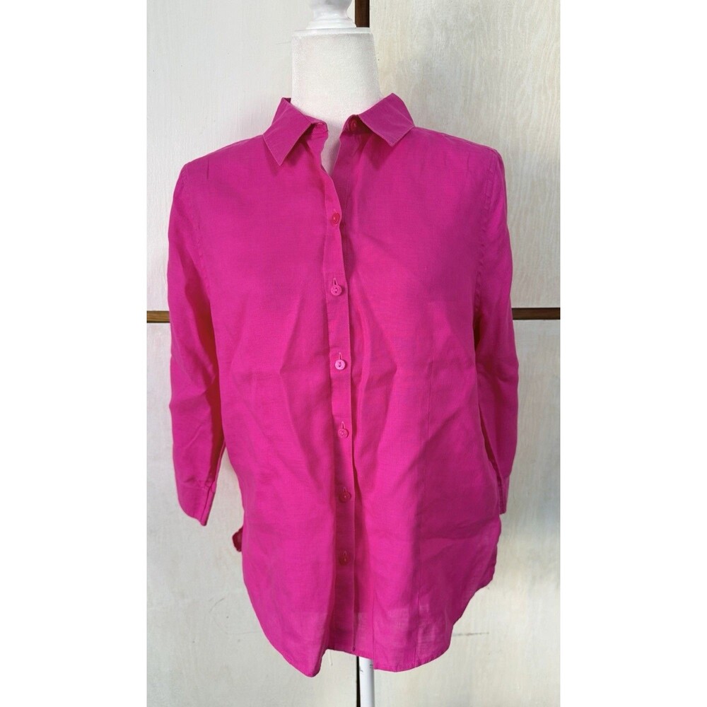 Chico’s Size 0 Pink Linen Button Front Back Shirt 3/4 Sleeve Womens